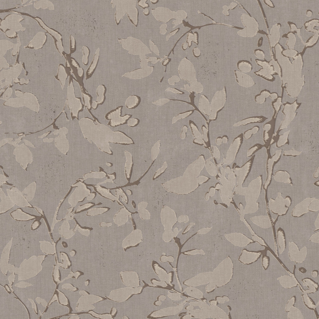 Brown trailing floral vine wallpaper with cream leaves and textured background.