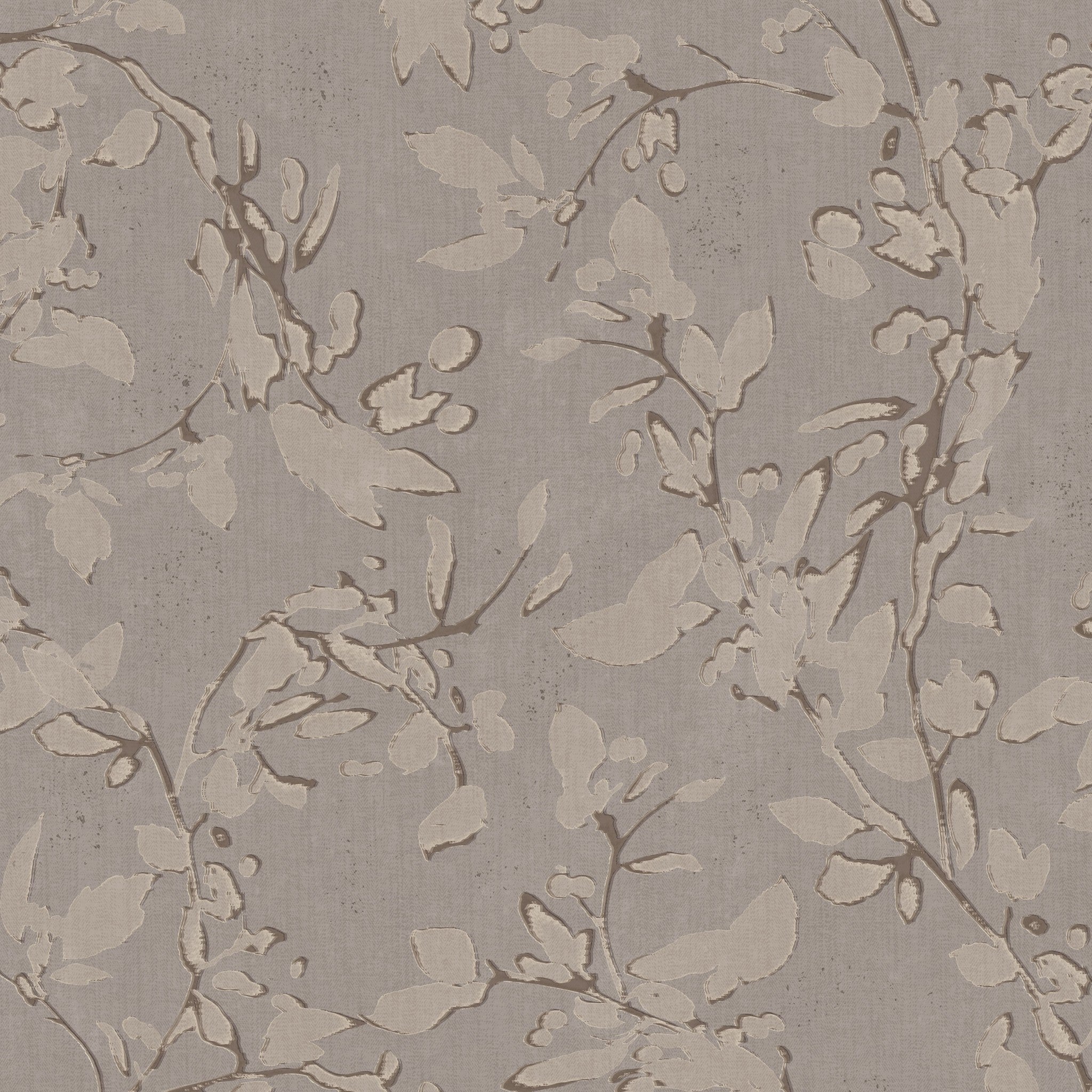 Brown trailing floral vine wallpaper with cream leaves and textured background.