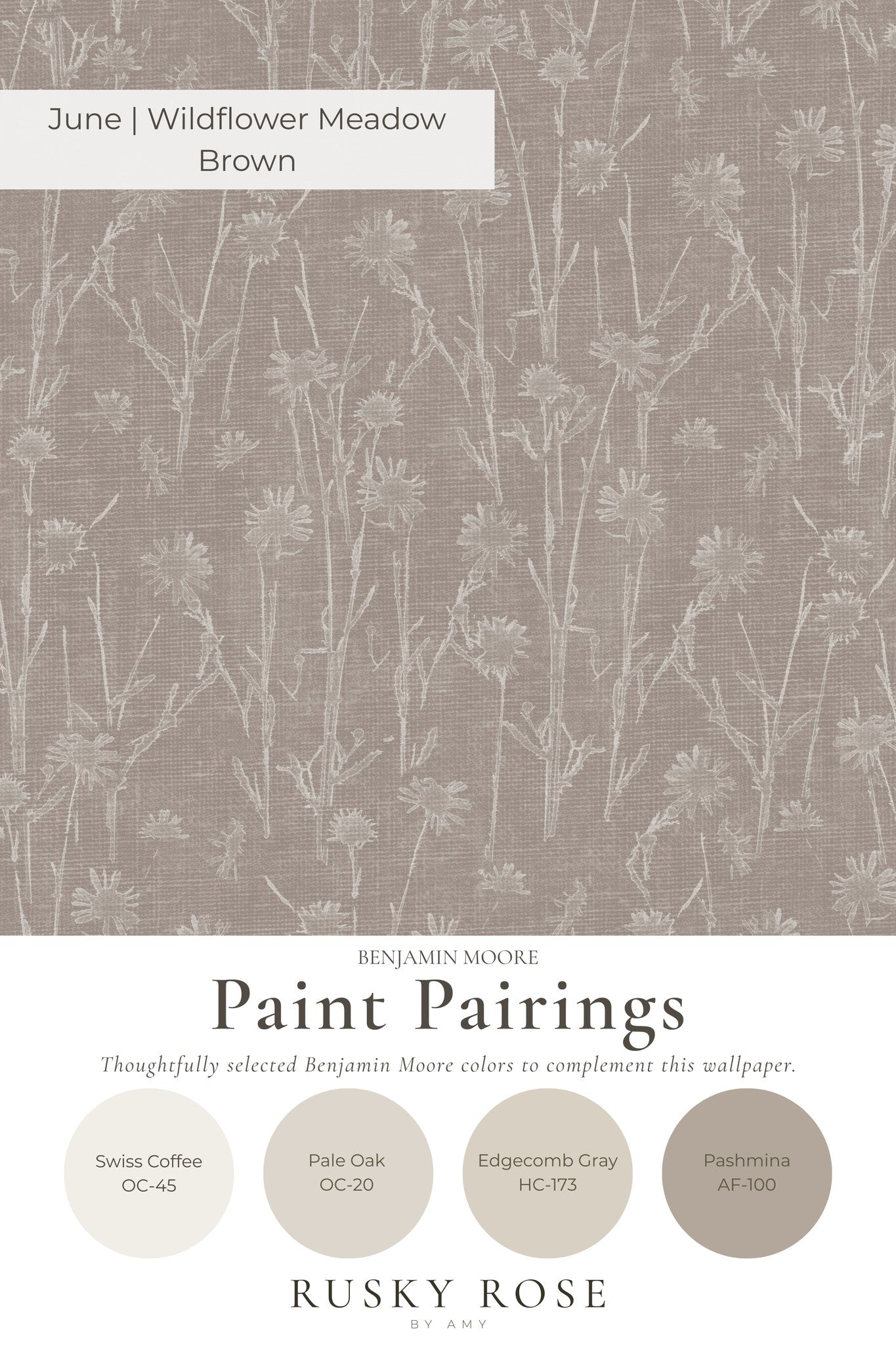 Brown wildflower meadow wallpaper with delicate floral motifs on taupe background.
