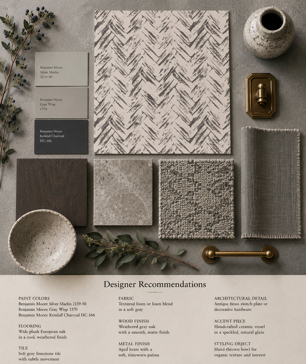 Brush herringbone cream on charcoal wallpaper with decor samples.