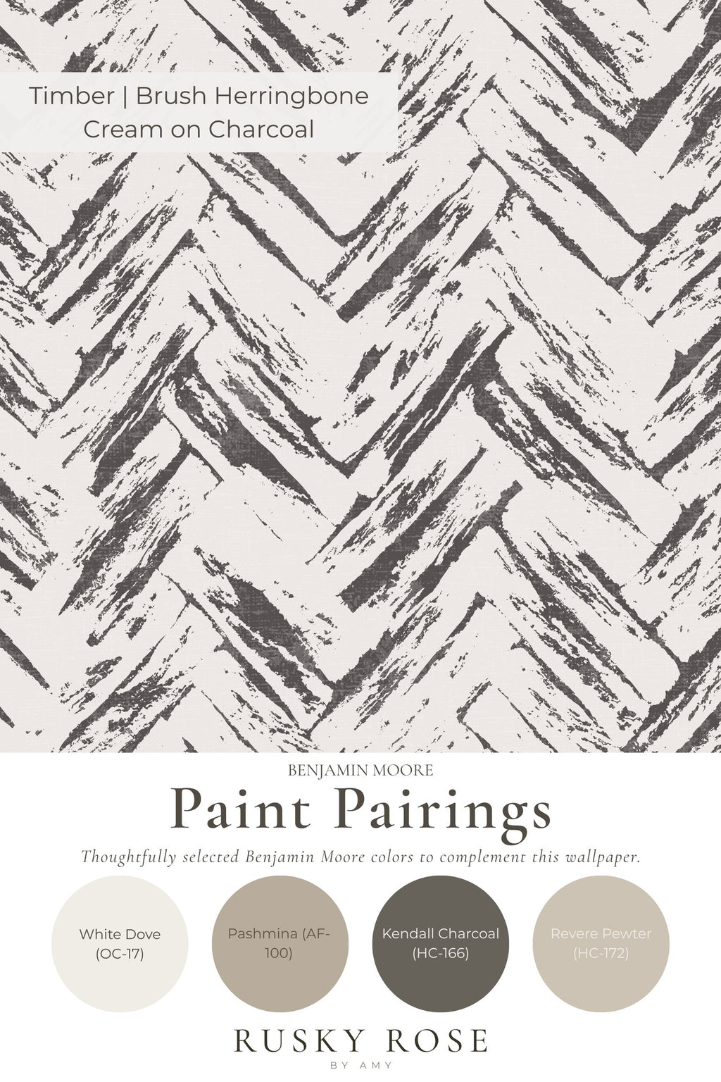 Brush herringbone cream on charcoal wallpaper with rustic chevron pattern.