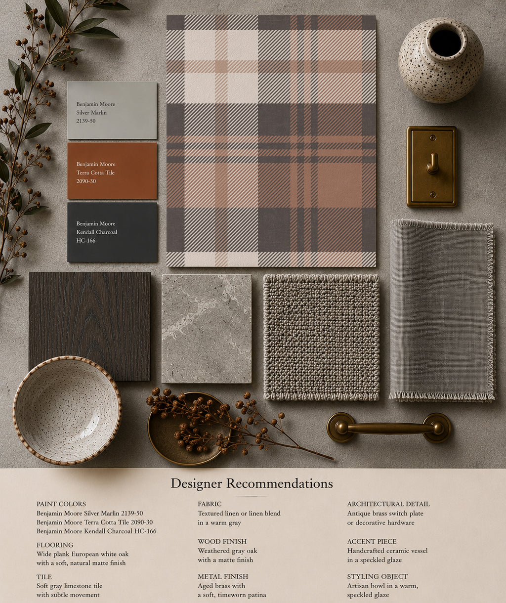 Burnt orange and brown plaid wallpaper with decor samples and fabric swatches.
