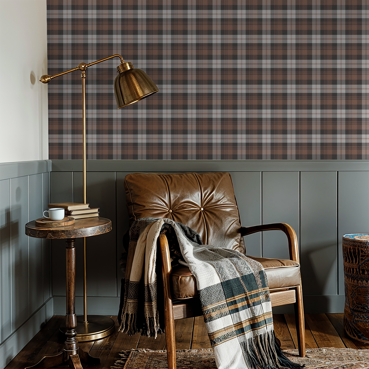 Burnt orange plaid wallpaper in cozy living room with leather chair and brass lamp.