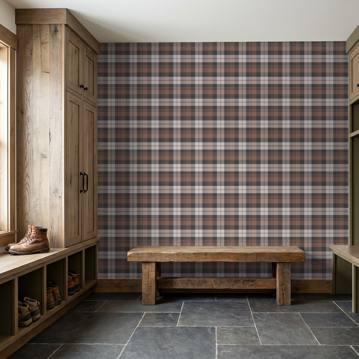 Burnt orange plaid wallpaper in rustic entryway with wooden furniture