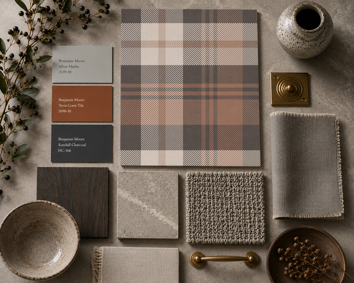 Burnt orange plaid wallpaper sample with earthy decor accents.