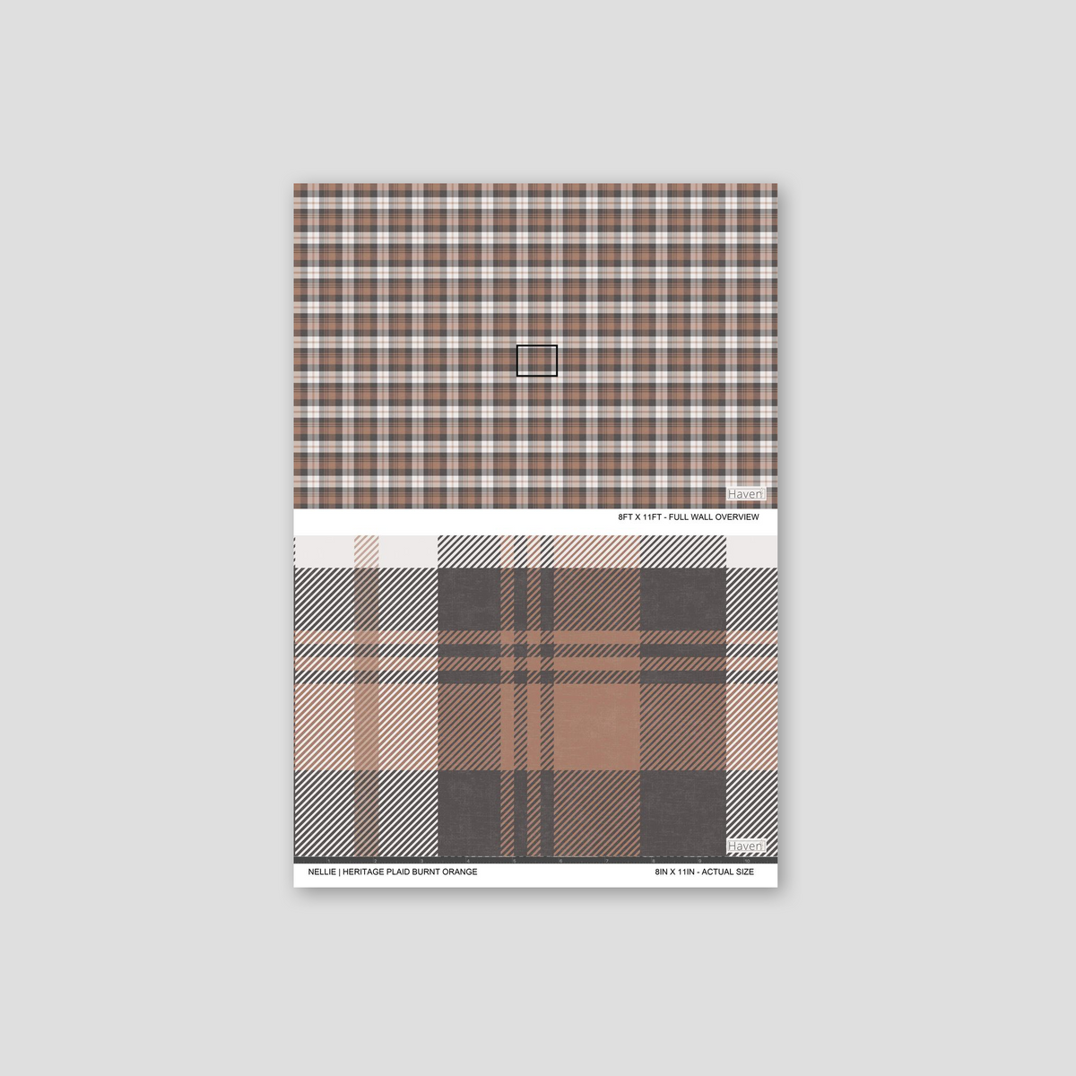 Burnt orange plaid wallpaper sample with earthy tones and classic design.