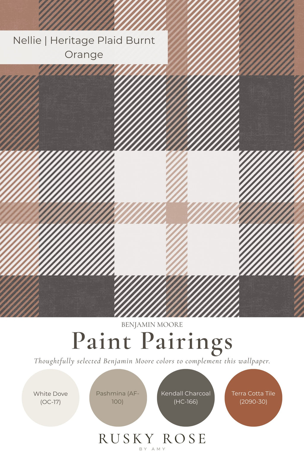 Burnt orange plaid wallpaper sample with paint pairing suggestions.