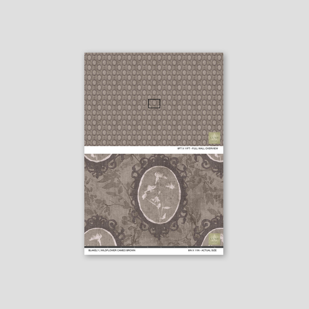 Cameo brown wallpaper with botanical motifs in ornate frames on sepia backdrop.