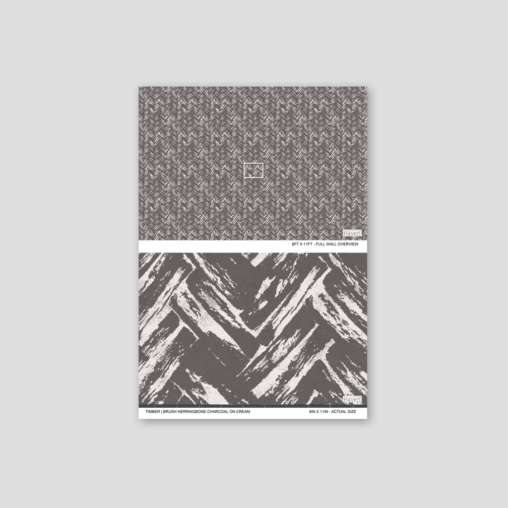 Charcoal and cream brush herringbone chevron wallpaper sample.