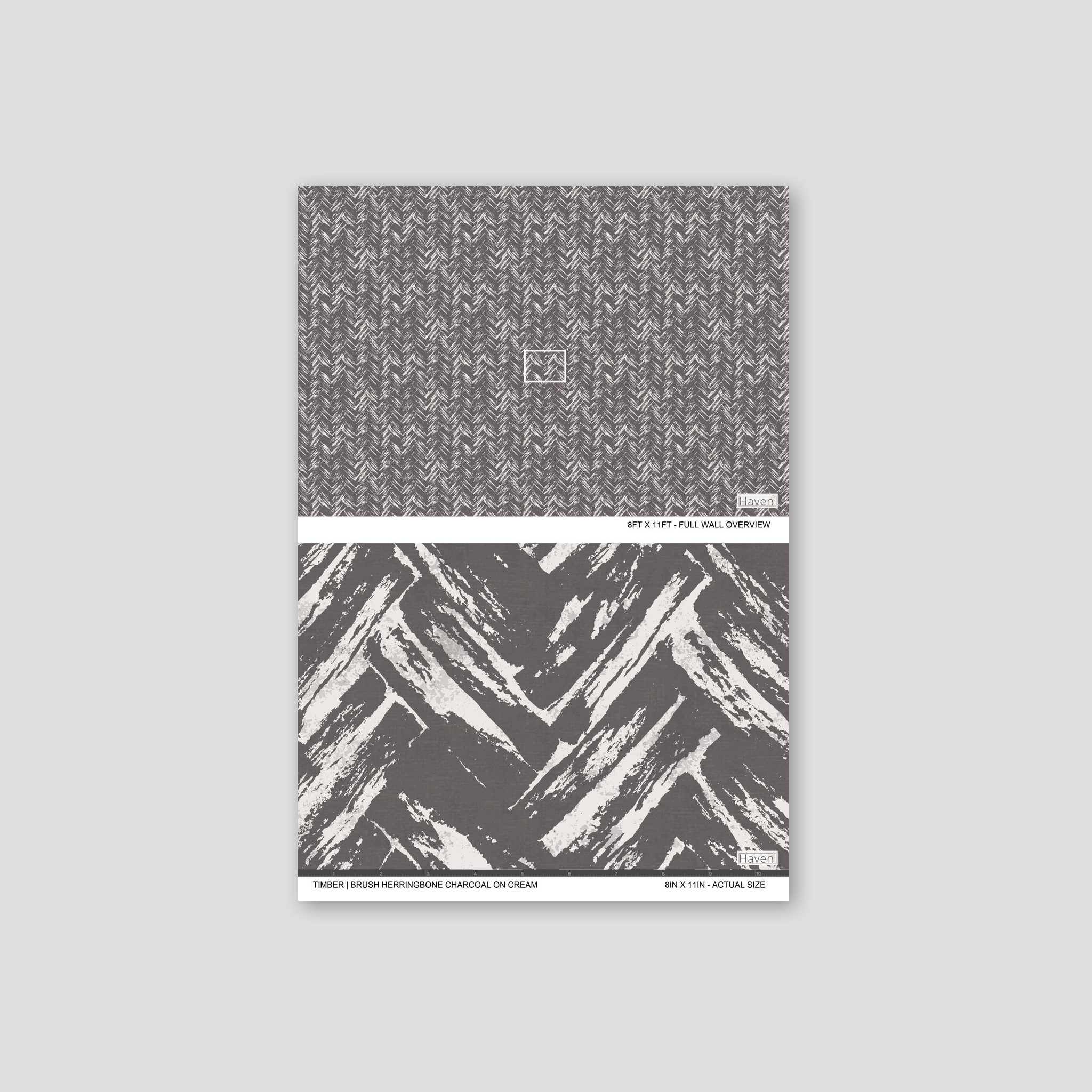Charcoal and cream brush herringbone chevron wallpaper sample.