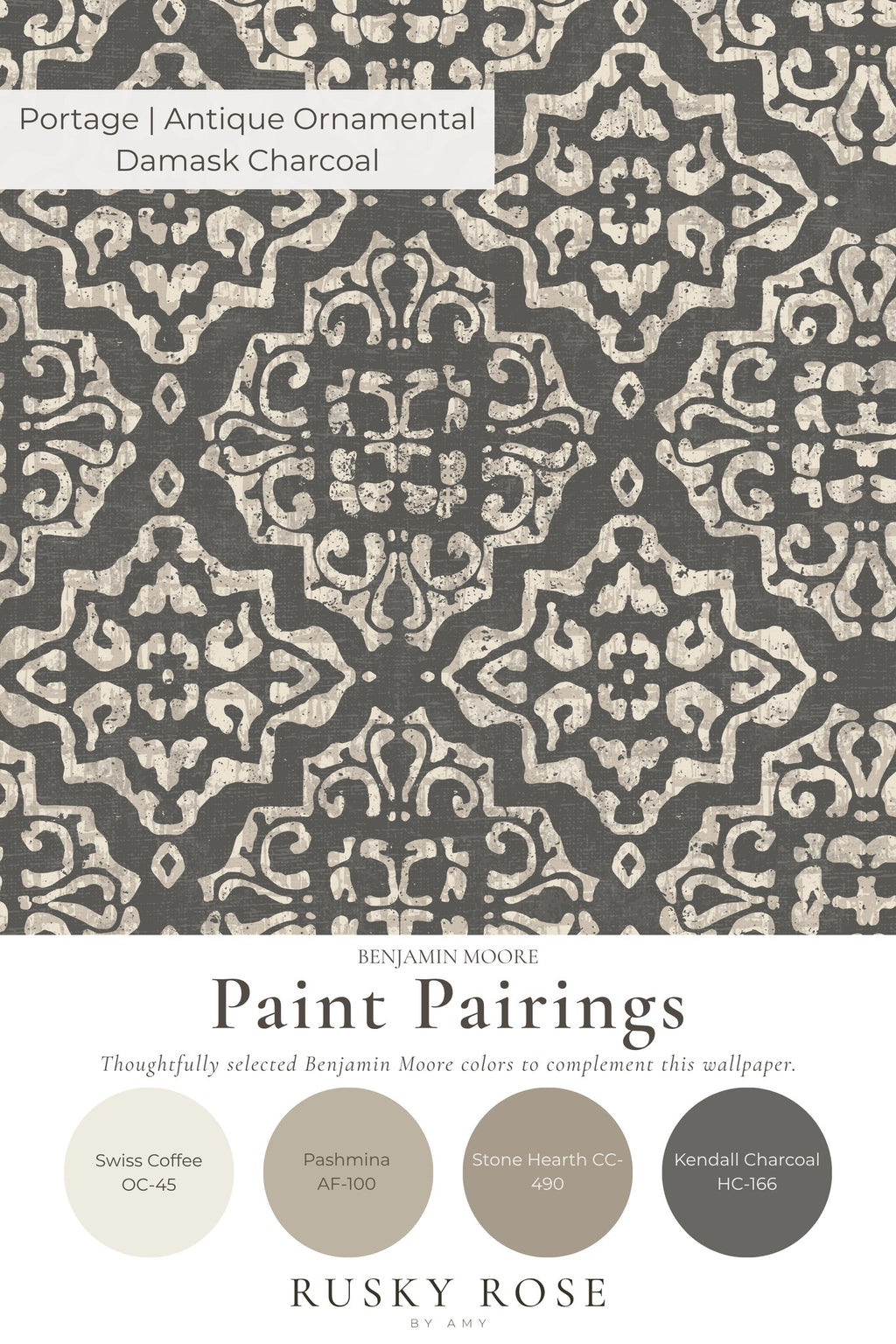 Charcoal and cream damask wallpaper with intricate ornamental design.