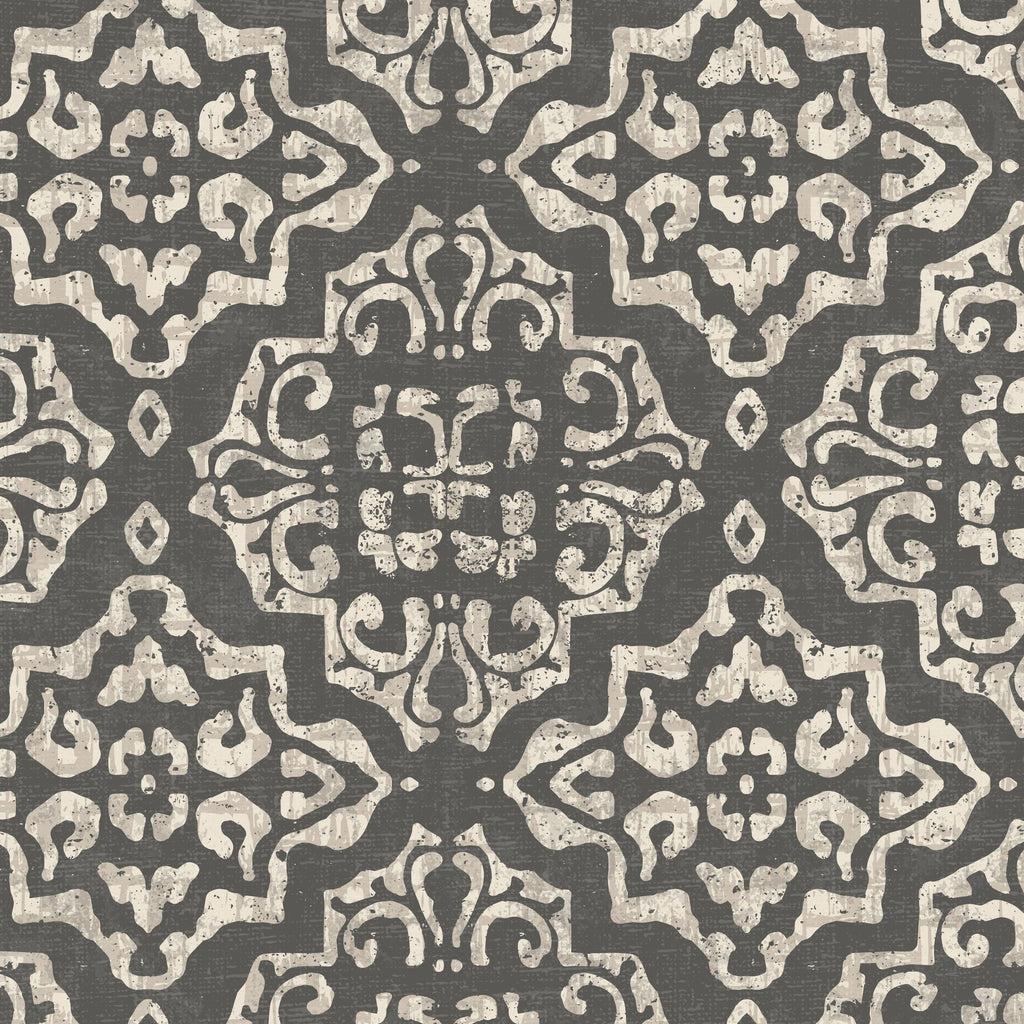 Charcoal and cream damask wallpaper with ornate motifs