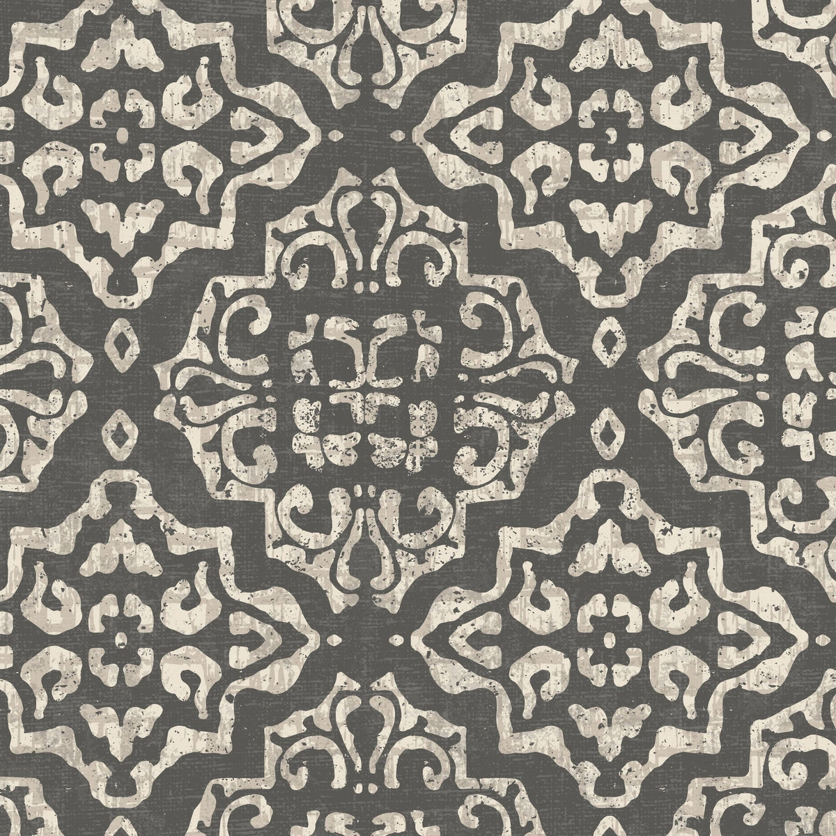 Charcoal and cream damask wallpaper with ornate motifs