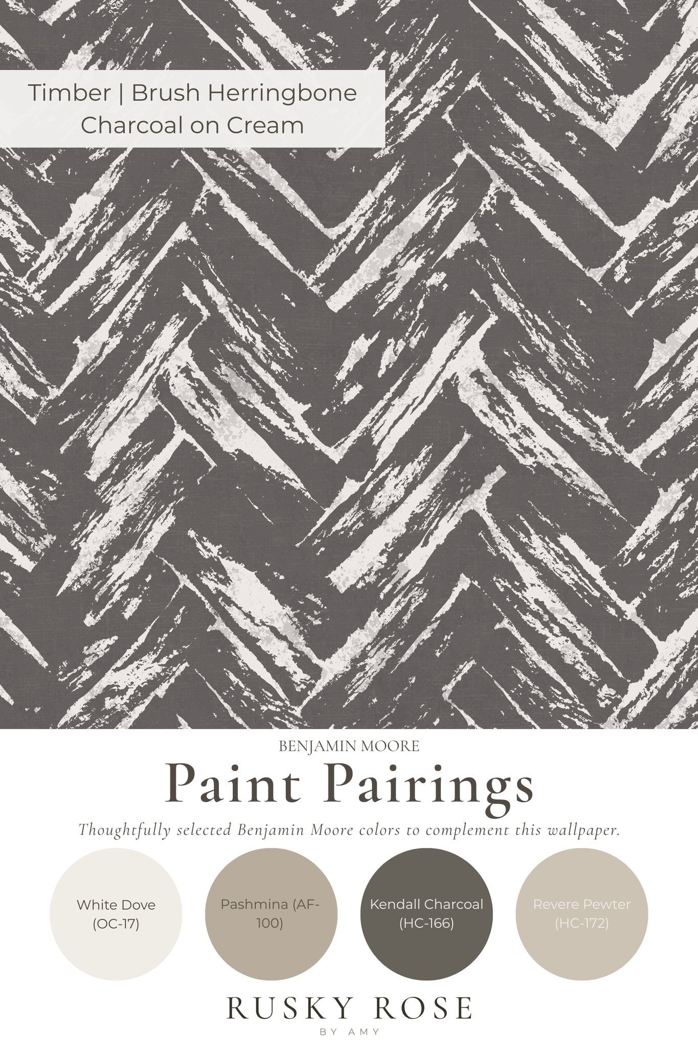 Charcoal and cream herringbone wallpaper with brushstroke pattern.