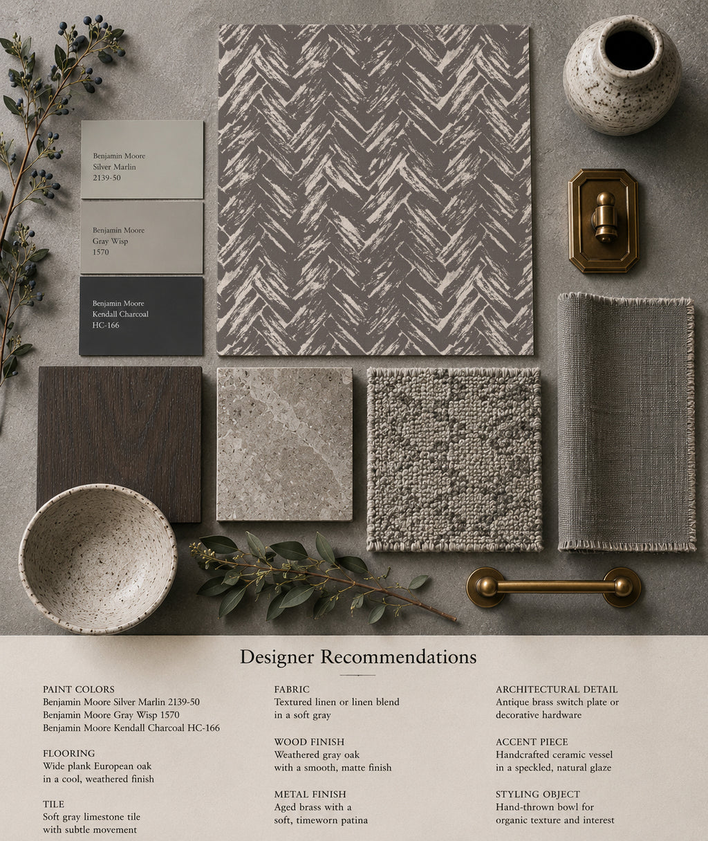 Charcoal and cream herringbone wallpaper with decor samples and designer recommendations.