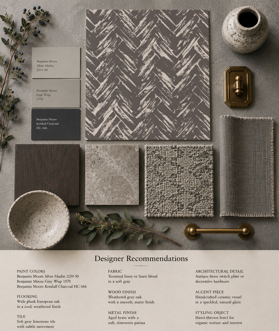 Charcoal and cream herringbone wallpaper with fabric and decor samples.