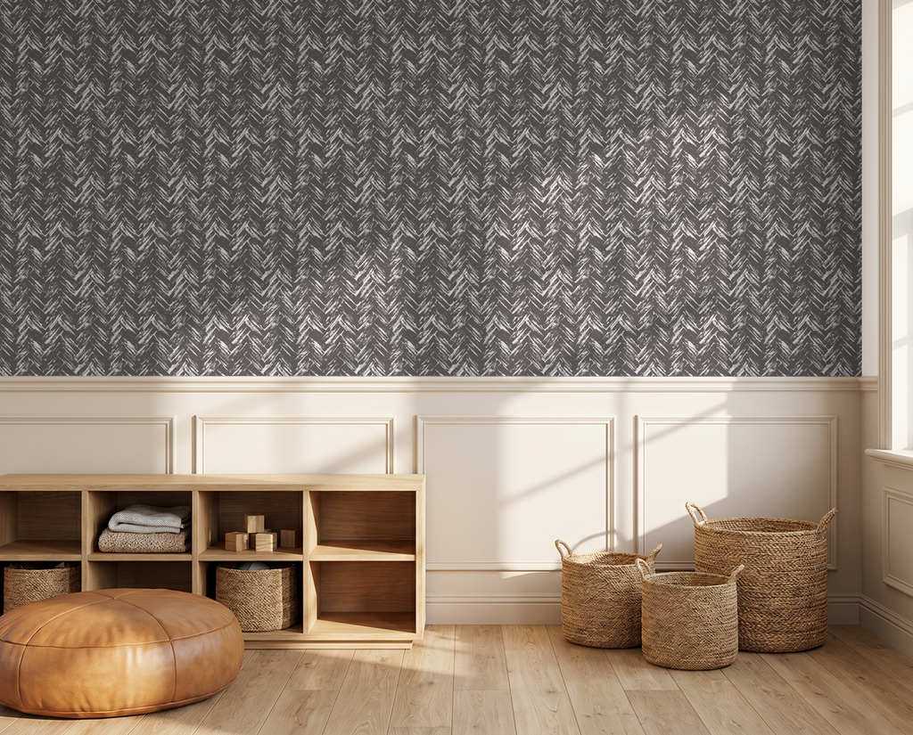 Charcoal and cream herringbone wallpaper in modern living room with wood accents.
