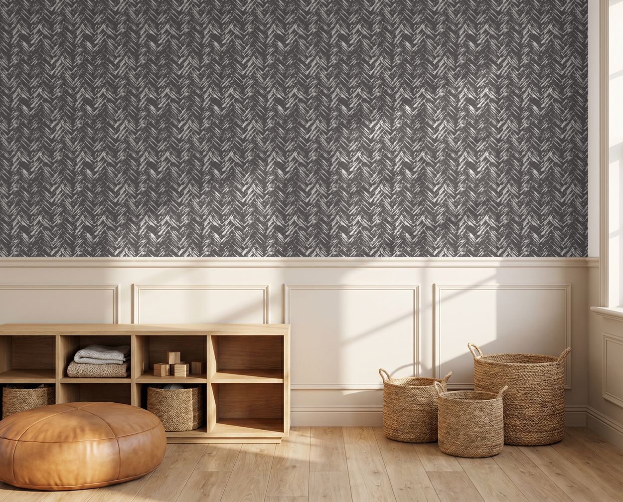 Charcoal and cream herringbone wallpaper in modern living room with wood accents.