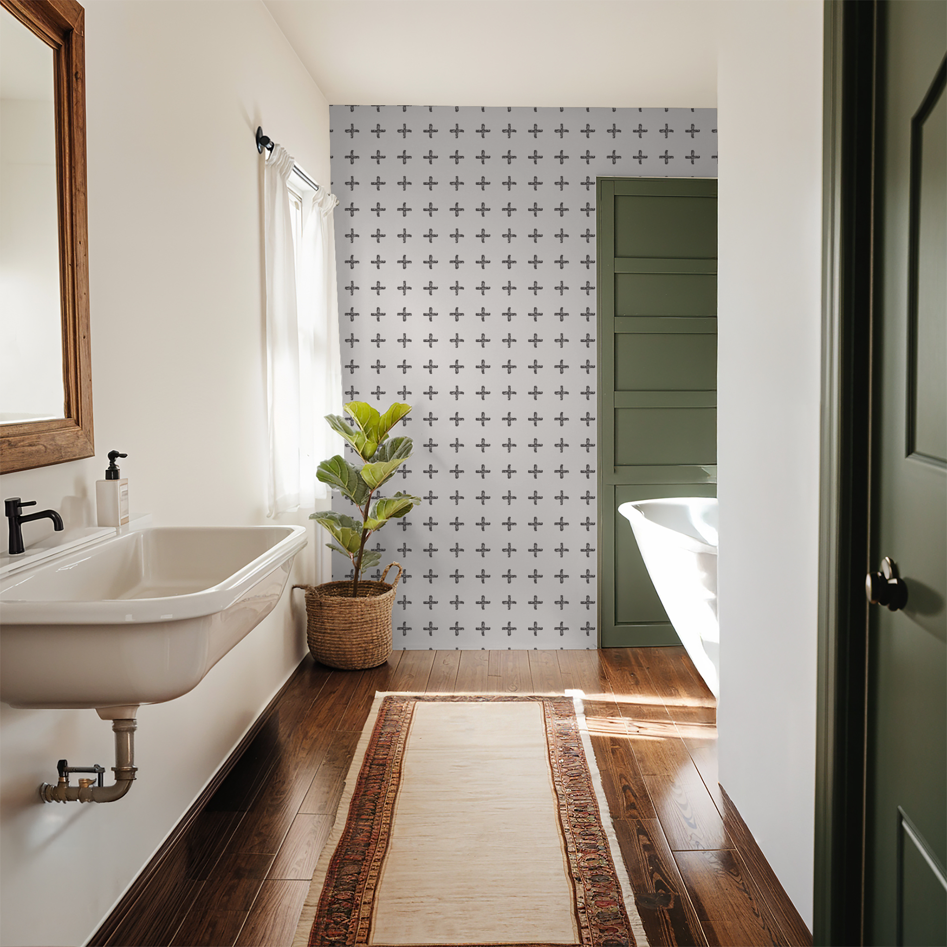 Bathroom with charcoal cross pattern wallpaper and wood accents