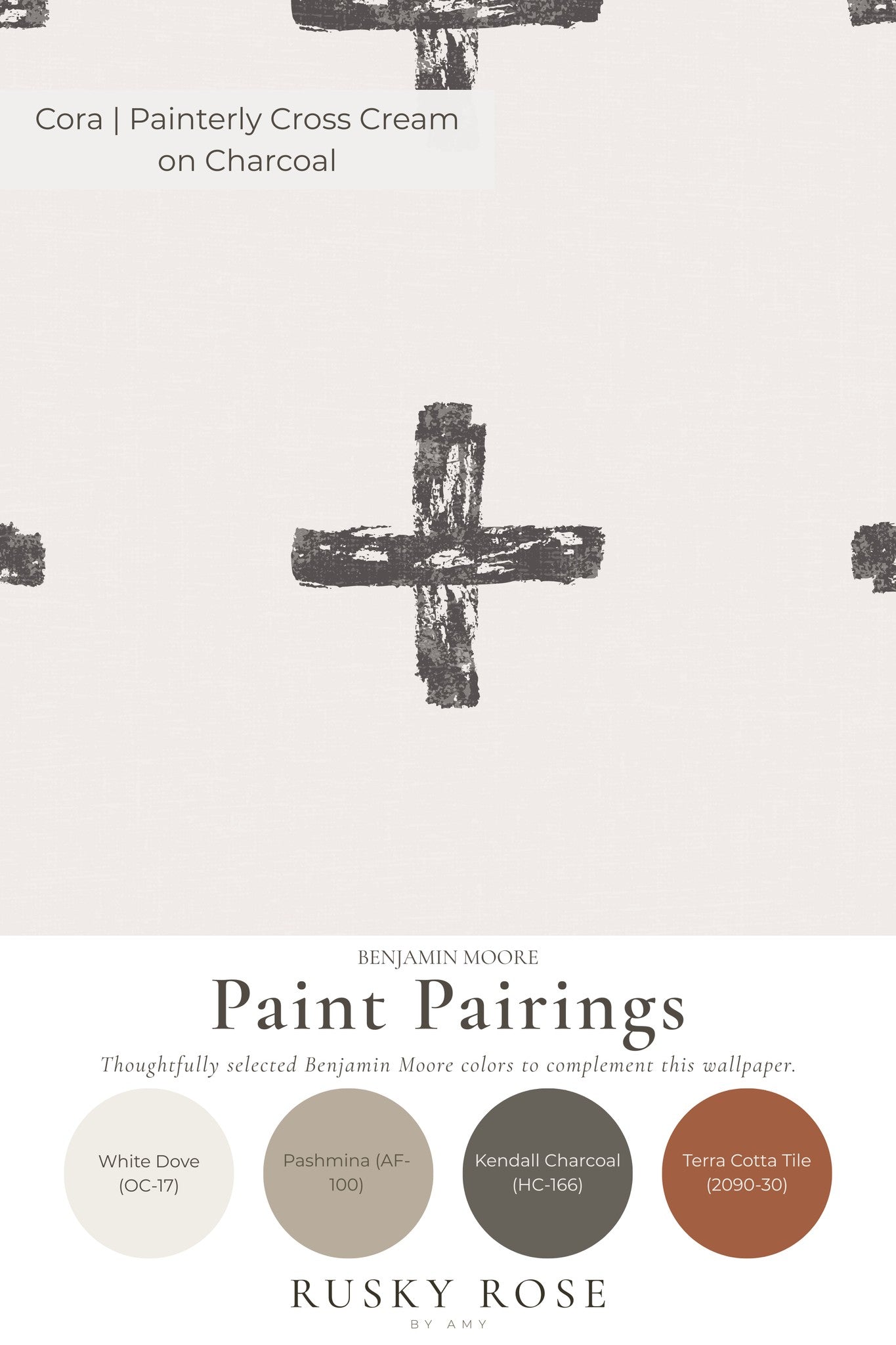Charcoal cross pattern wallpaper on cream background with paint pairings.