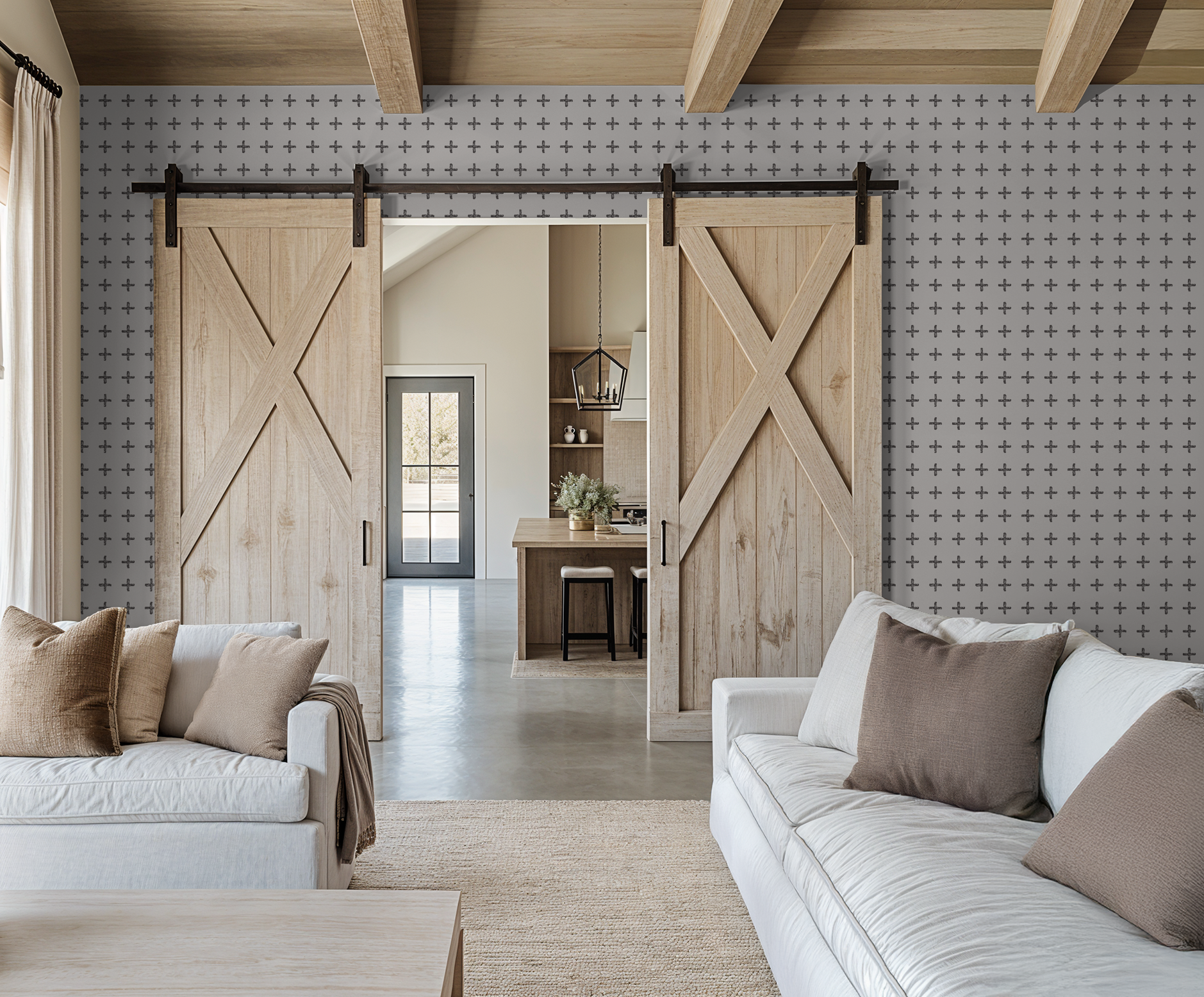 Modern living room with charcoal cross pattern wallpaper and wooden sliding doors.