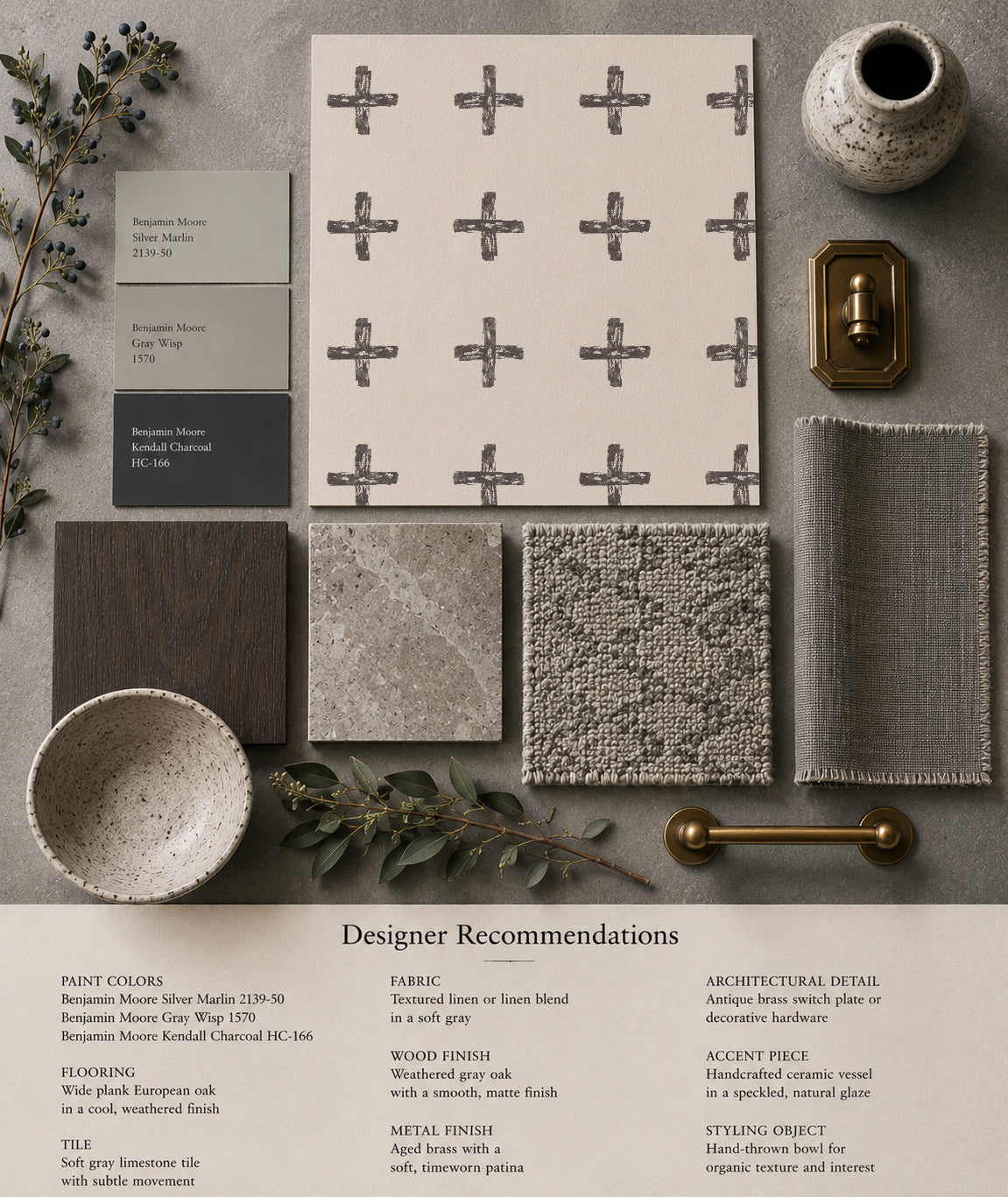 Charcoal cross pattern wallpaper sample with decor elements on neutral background.