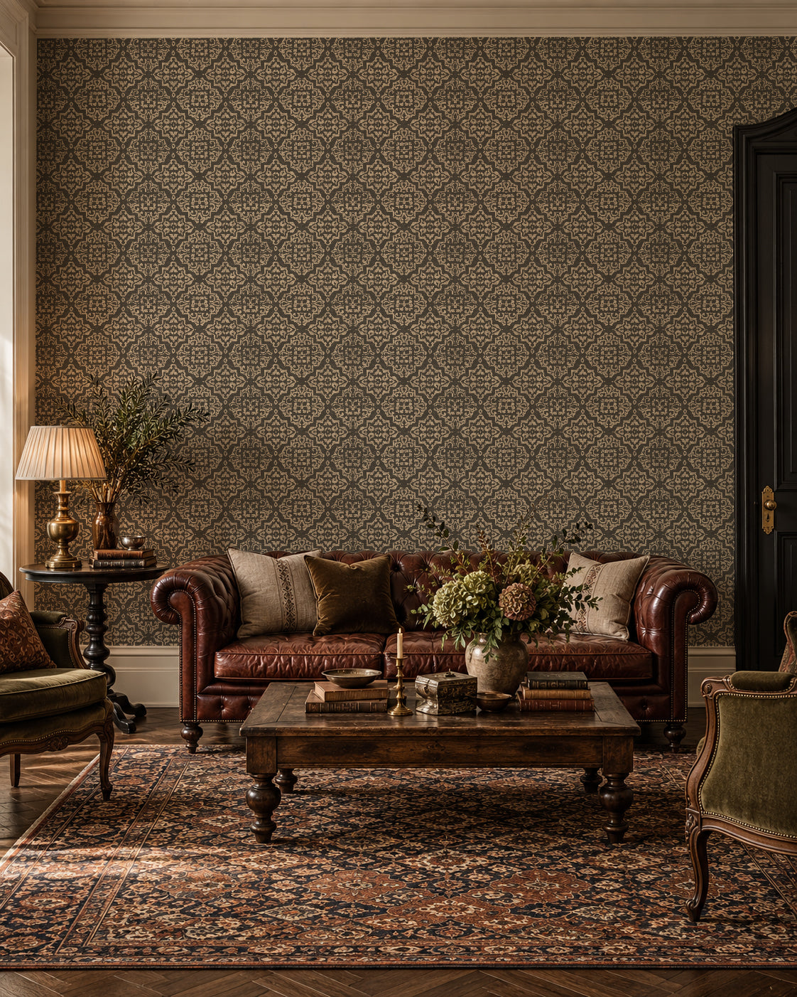 Elegant damask charcoal wallpaper in a classic living room with vintage decor.