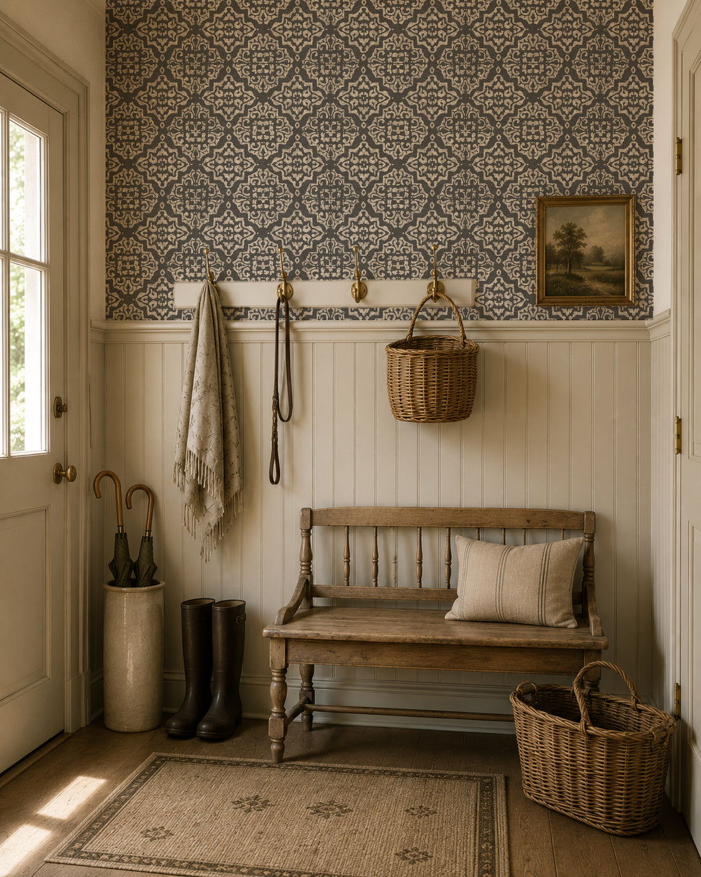Charcoal damask wallpaper in elegant entryway with bench and decor.