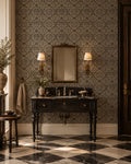 Elegant charcoal damask wallpaper in vintage bathroom setting with ornate sink and mirror.