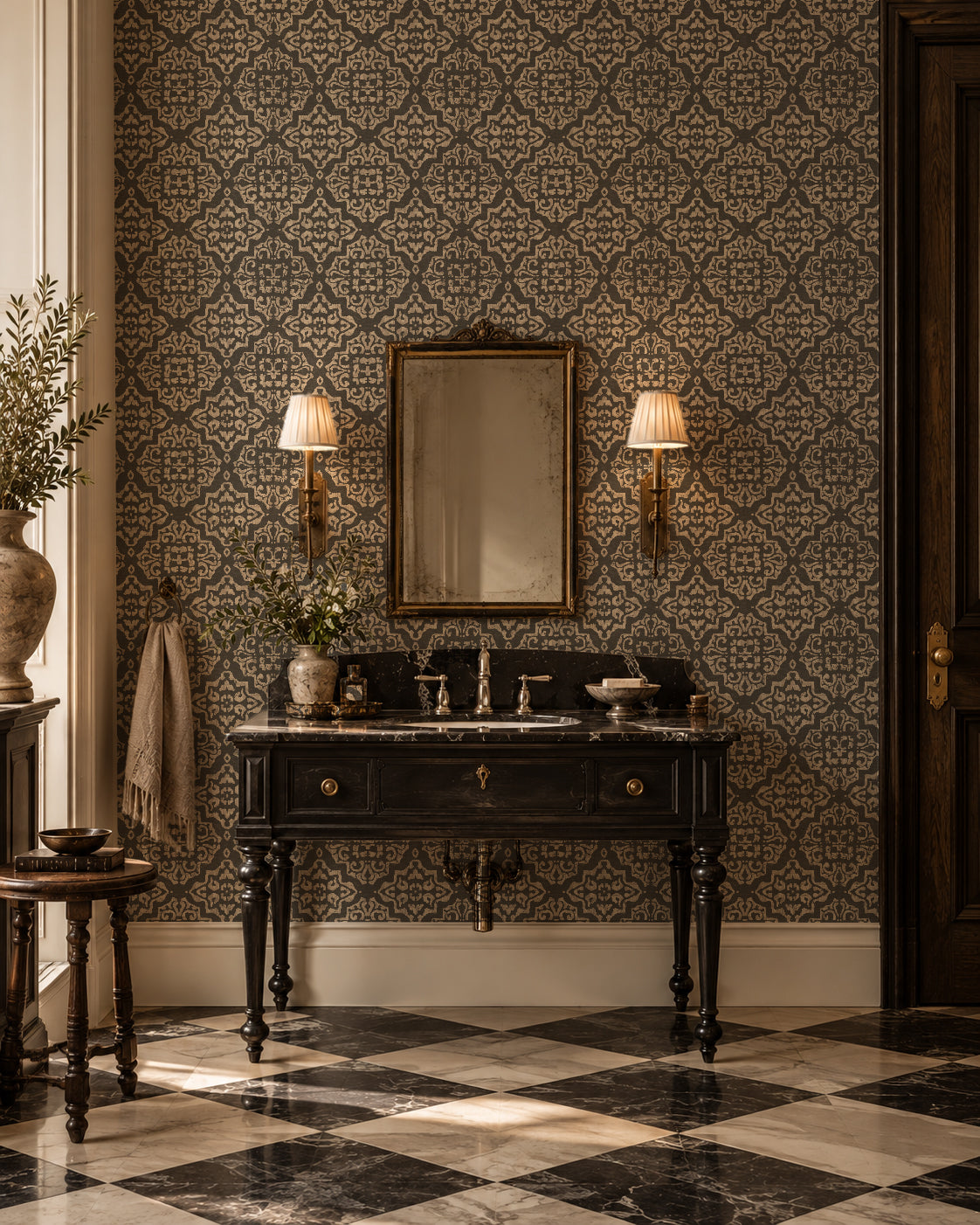 Elegant charcoal damask wallpaper in vintage bathroom setting with ornate sink and mirror.