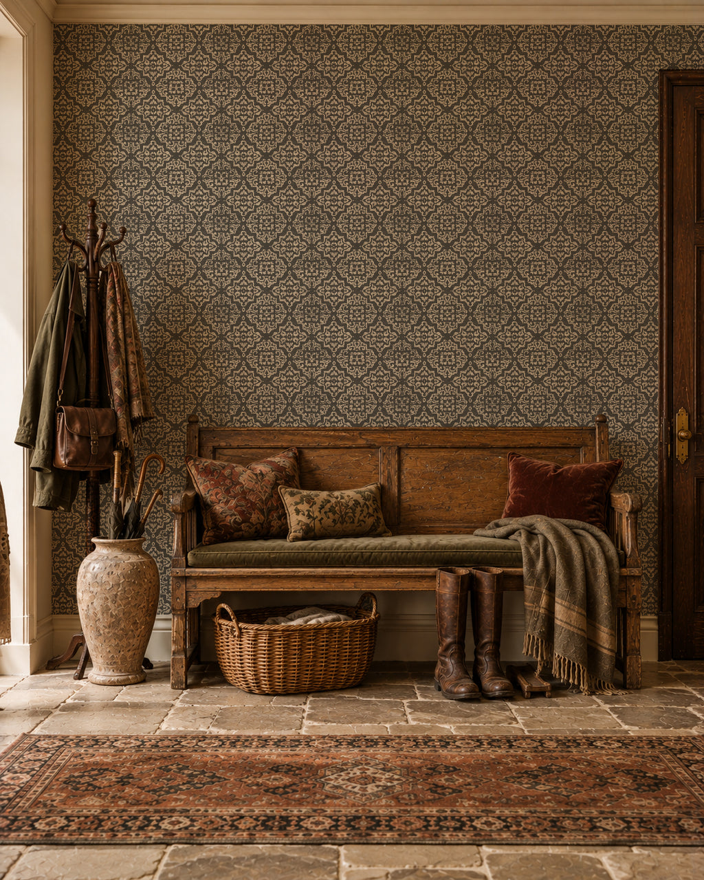 Charcoal damask wallpaper in vintage entryway with bench and decor.