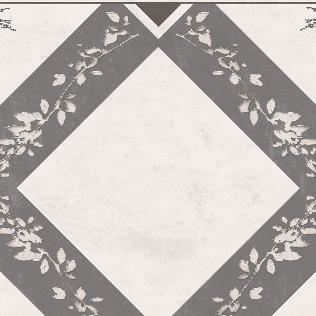 Charcoal gray botanical trellis wallpaper with floral motifs and geometric design