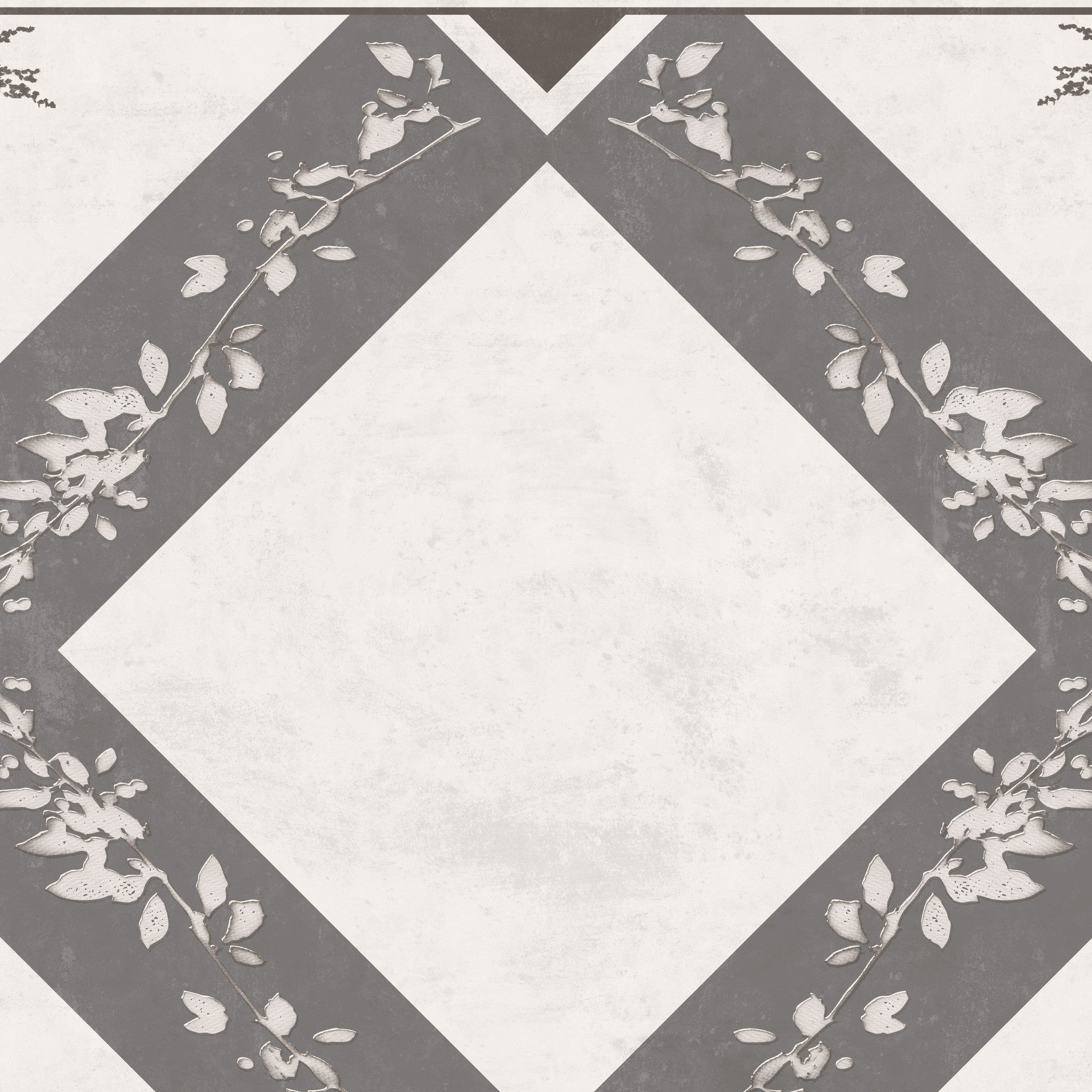 Charcoal gray botanical trellis wallpaper with floral motifs and geometric design