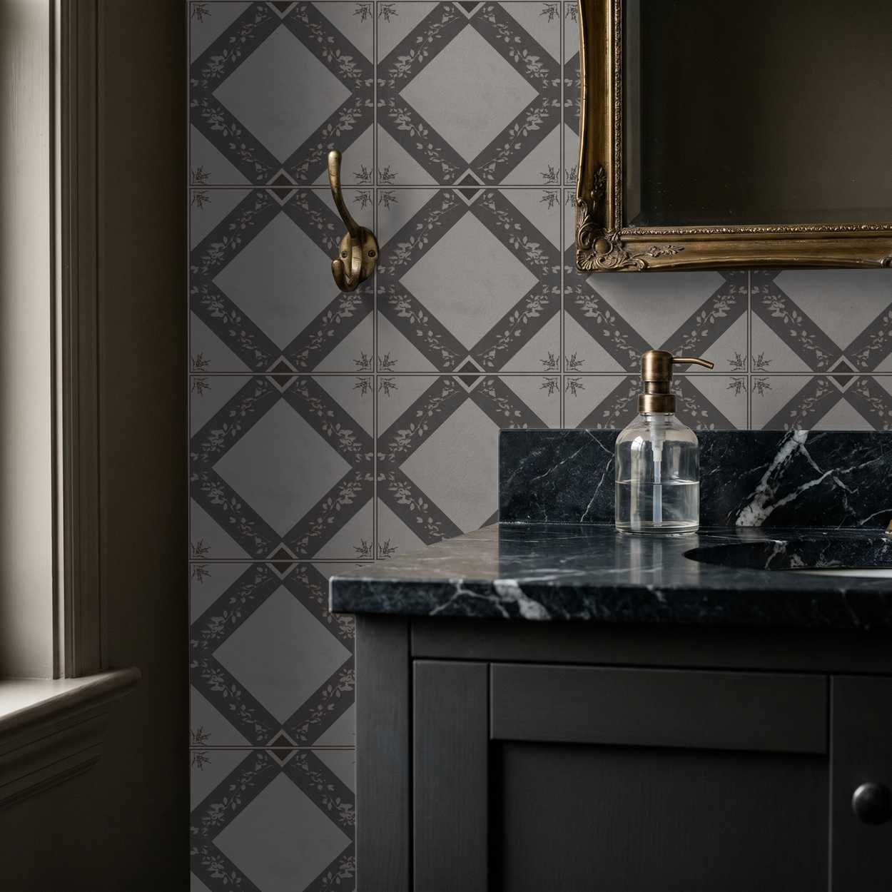 Charcoal gray botanical trellis wallpaper in elegant bathroom setting.