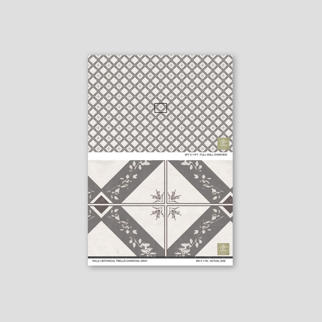 Charcoal gray botanical trellis wallpaper with geometric and floral patterns.