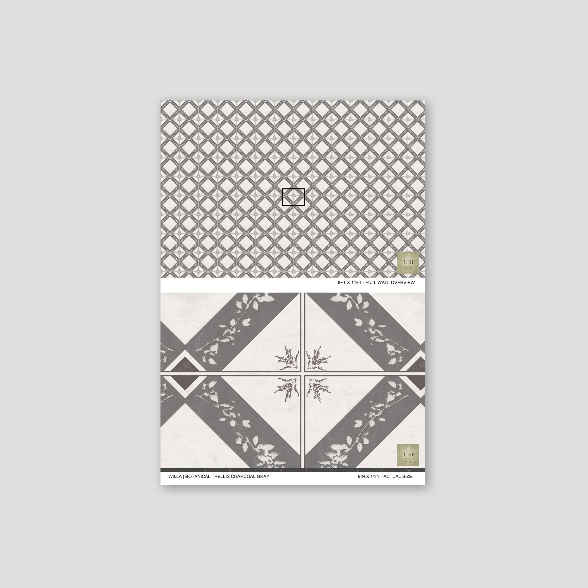 Charcoal gray botanical trellis wallpaper with geometric and floral patterns.