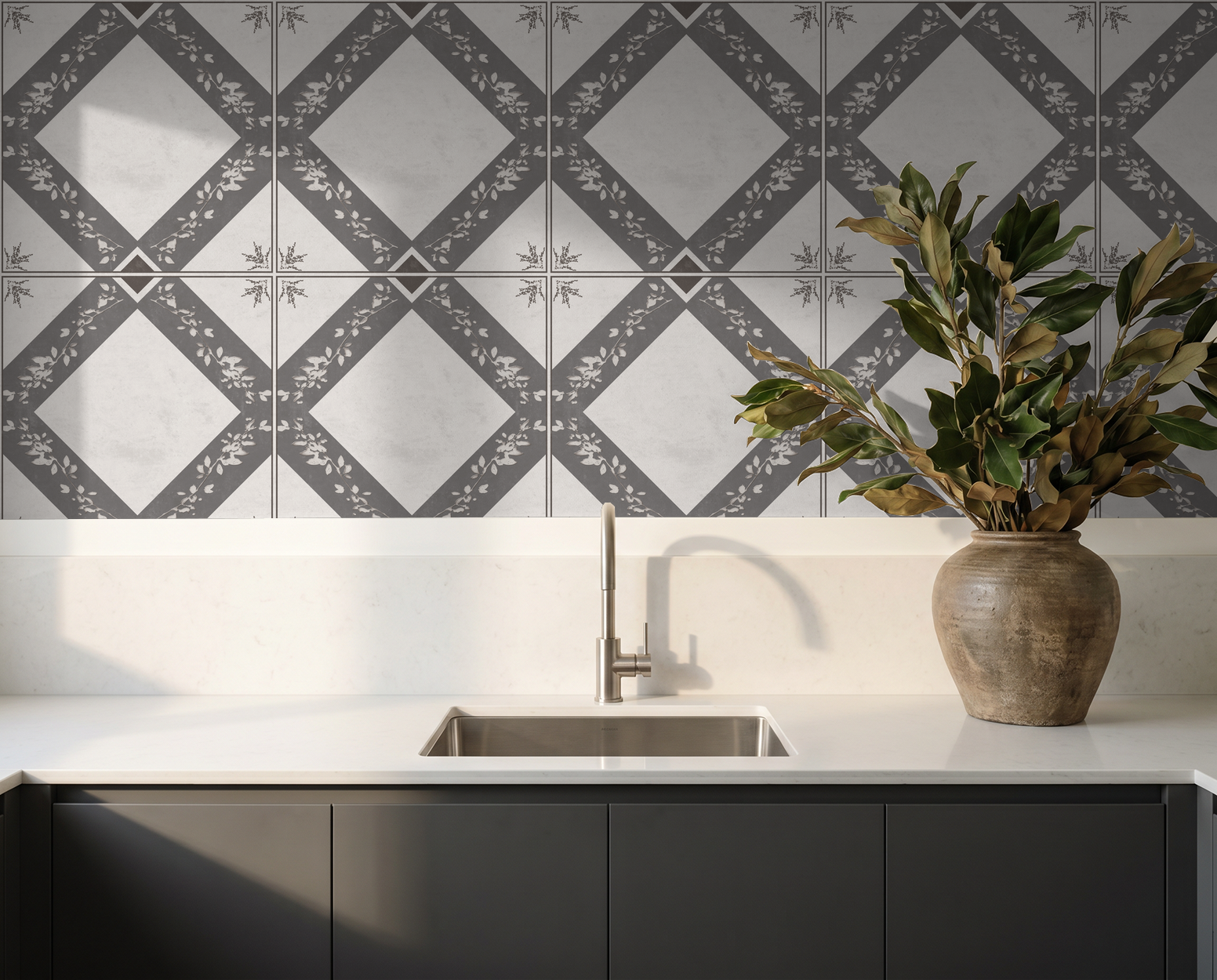 Charcoal gray botanical trellis wallpaper in modern kitchen with vase