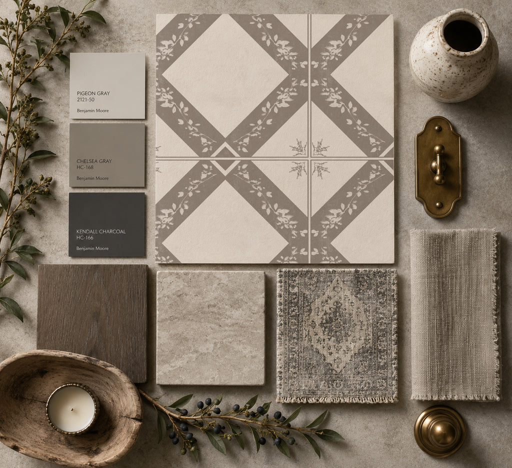 Charcoal gray botanical trellis wallpaper with samples and decor accents.