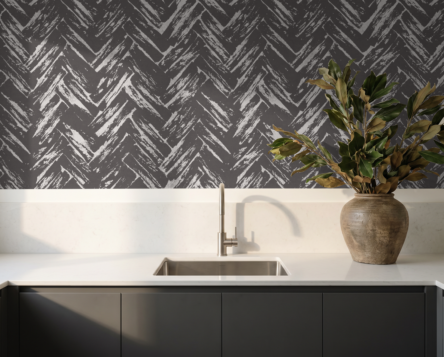 Charcoal and cream herringbone wallpaper in modern kitchen setting.