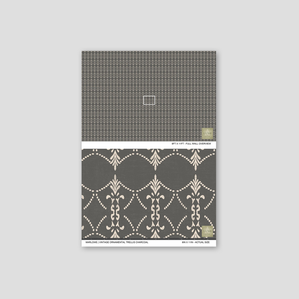 Charcoal wallpaper with cream ornamental trellis pattern sample.