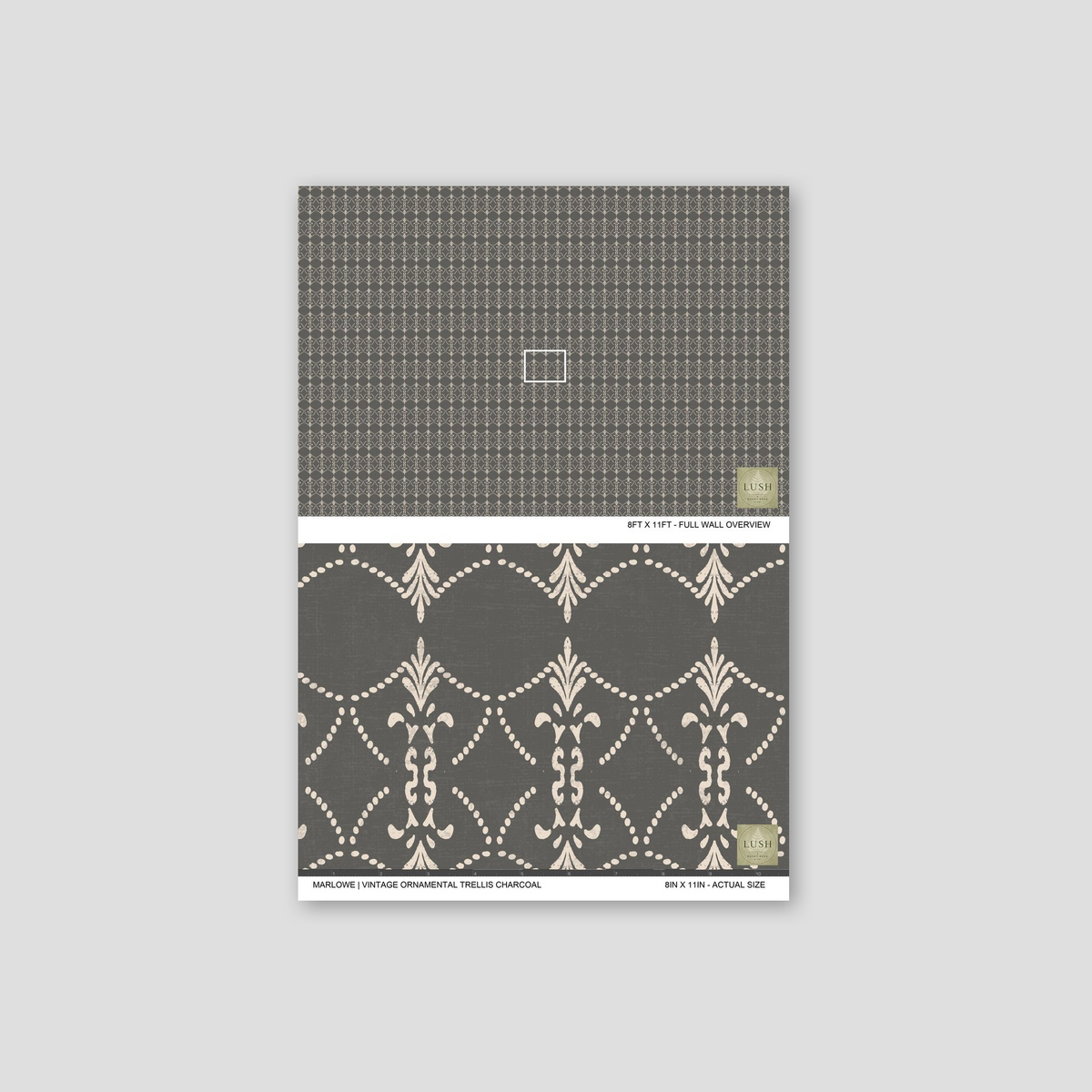 Charcoal wallpaper with cream ornamental trellis pattern sample.