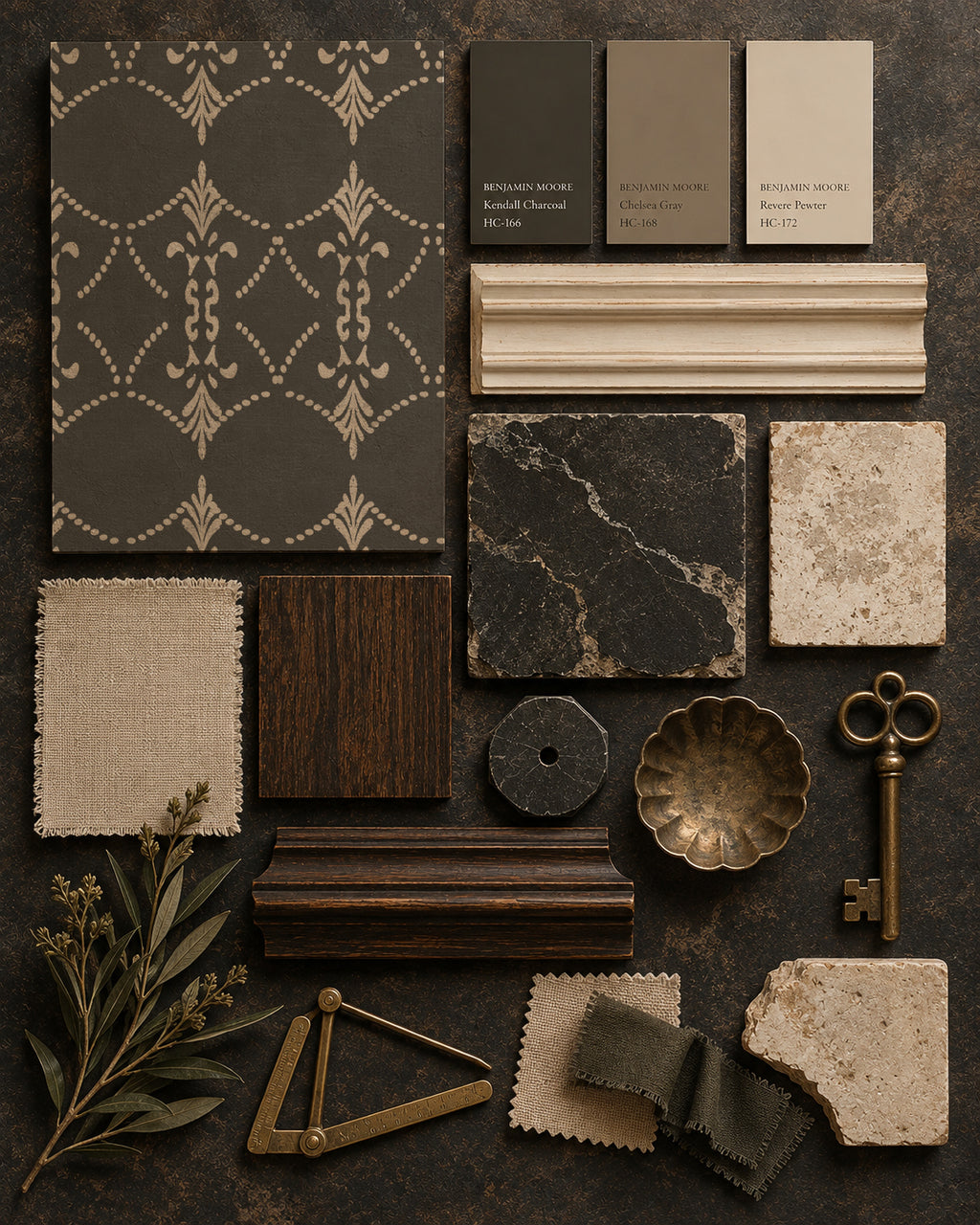 Charcoal wallpaper with cream ornamental trellis pattern in vintage decor setting.