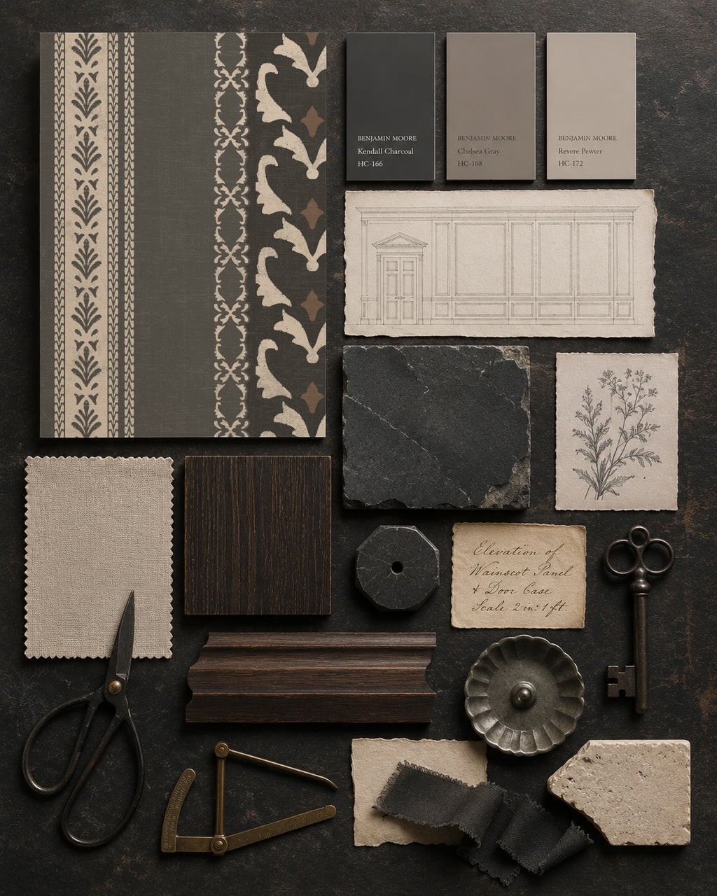 Charcoal vintage ornamental stripe wallpaper with design elements.