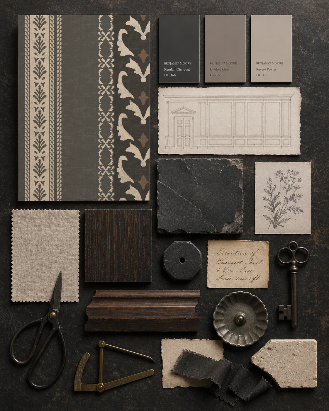 Charcoal vintage ornamental stripe wallpaper with design elements.