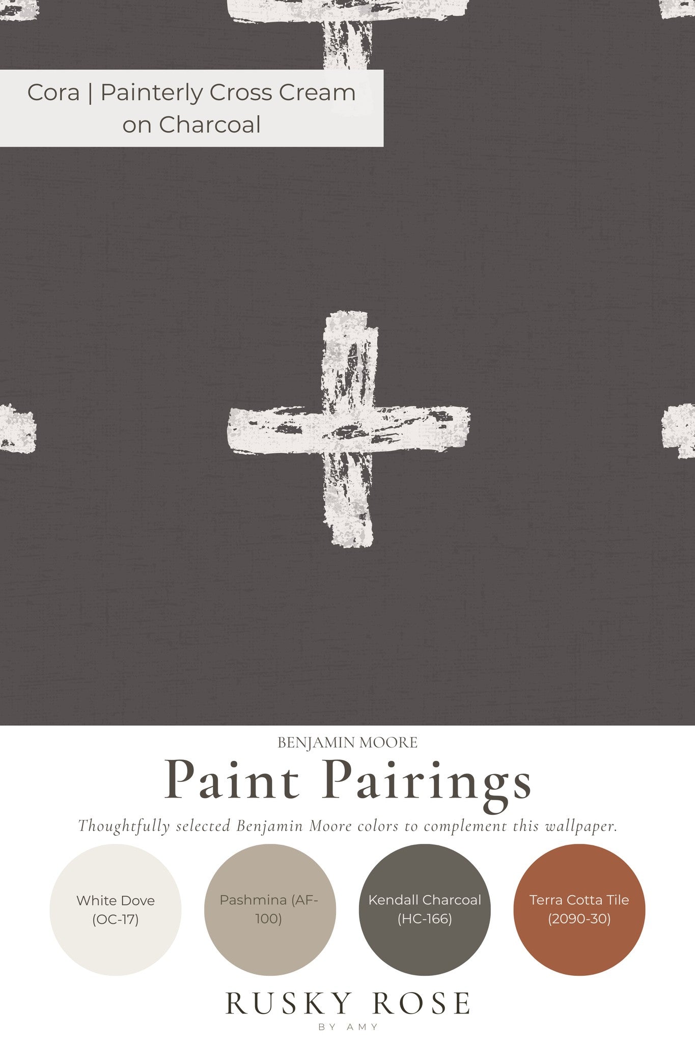 Cora wallpaper with white painterly crosses on charcoal background, geometric pattern.