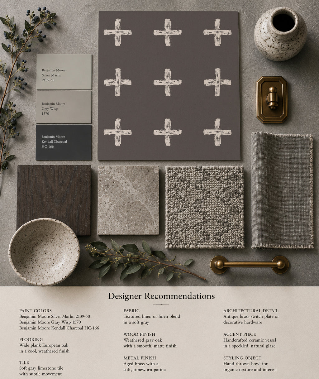 Cora Painterly Cross wallpaper sample with cream crosses on charcoal, surrounded by decor materials.