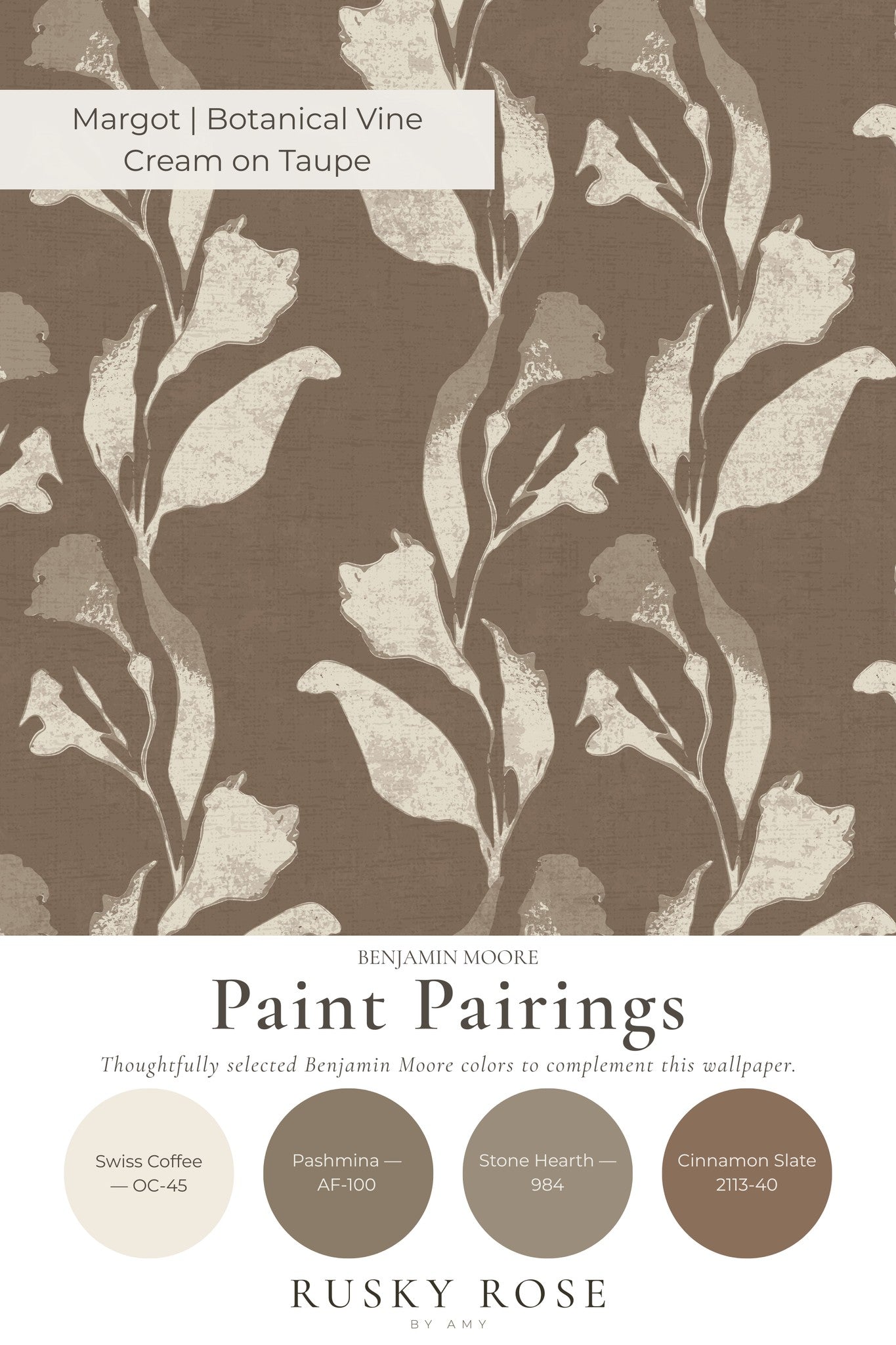 Cream botanical vine pattern on taupe wallpaper with floral motifs.