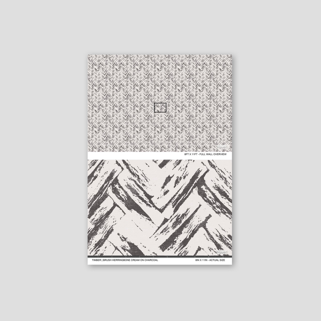 Cream and charcoal brush herringbone wallpaper sample with rustic chevron pattern.