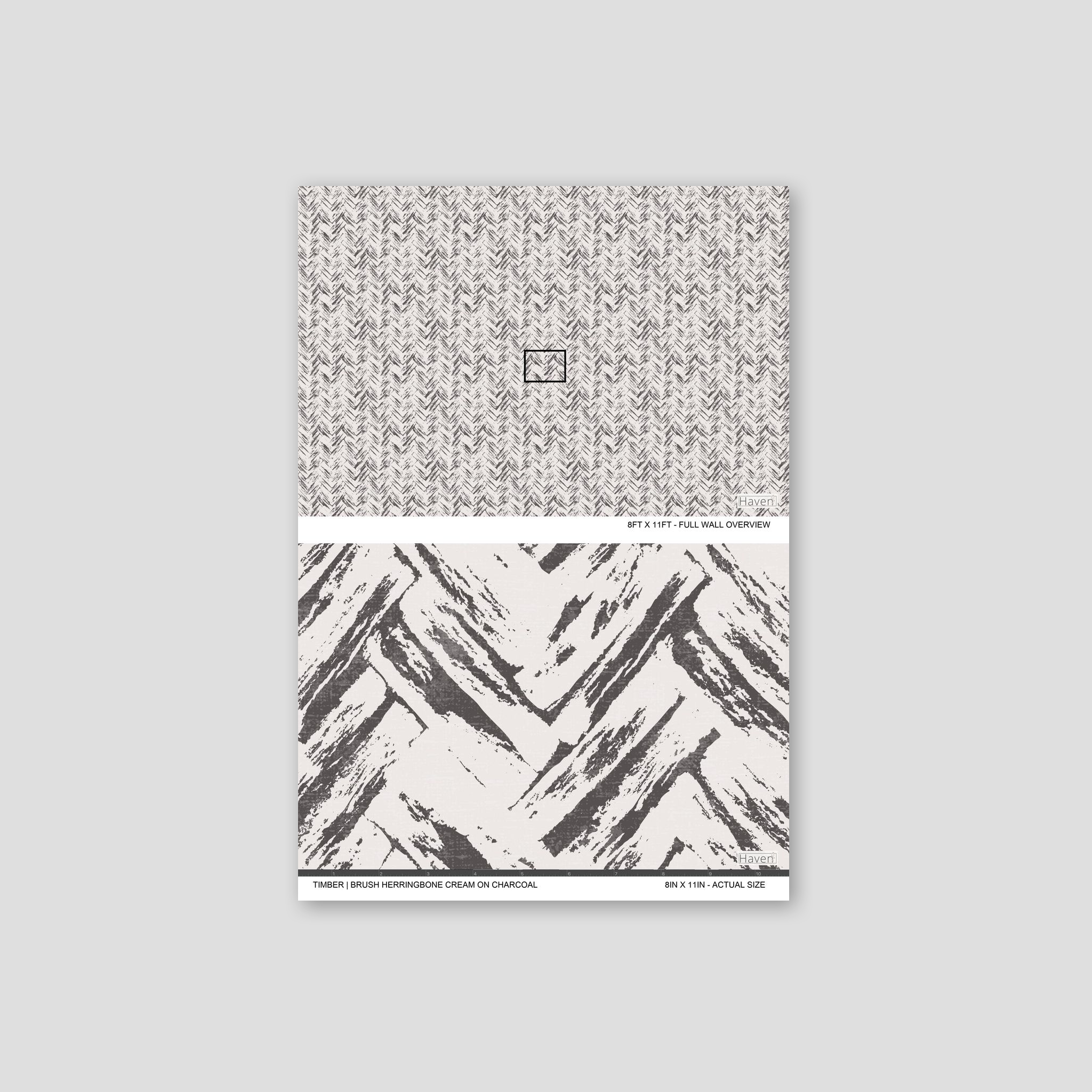 Cream and charcoal brush herringbone wallpaper sample with rustic chevron pattern.
