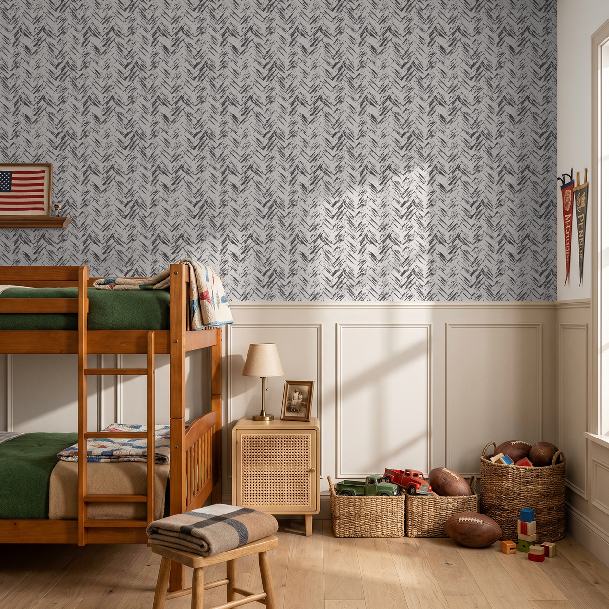 Cream and charcoal herringbone wallpaper in cozy kids room with bunk bed.